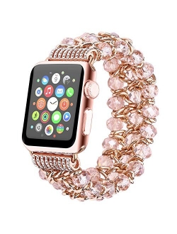 fohuas Compatible for Apple Watch Bracelet 38mm 40mm, Crystal Rose Gold Beads Iwatch Band with Metal Chain Women Girls Elastic Pearl Strap for iPhone Watch Series SE 6 5 