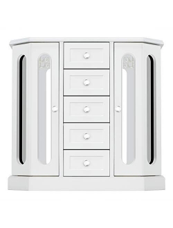 RR ROUND RICH DESIGN Jewelry Box - Made of Solid Wood with Cabinet Type 5 Drawers Organizer and 2 Separated Open Doors on 2 Sides and Large Mirror White