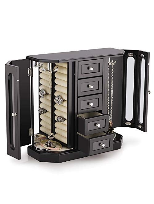 RR ROUND RICH DESIGN Jewelry Box - Made of Solid Wood with Cabinet Type 5 Drawers Organizer and 2 Separated Open Doors on 2 Sides and Large Mirror White