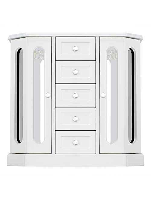 RR ROUND RICH DESIGN Jewelry Box - Made of Solid Wood with Cabinet Type 5 Drawers Organizer and 2 Separated Open Doors on 2 Sides and Large Mirror White