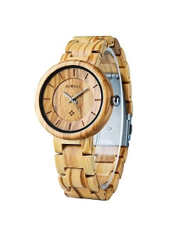 Wood Watches for Women, BEWELL Wooden Handmade Watch with Lightweight Adjustable Wood Band, Natural Casual Fashion Quartz Wristwatch