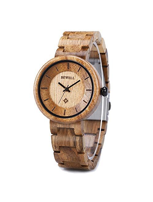 Wood Watches for Women, BEWELL Wooden Handmade Watch with Lightweight Adjustable Wood Band, Natural Casual Fashion Quartz Wristwatch