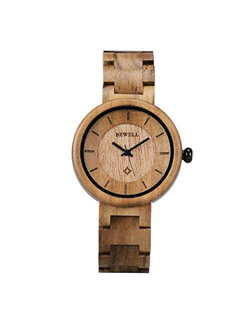 Wood Watches for Women, BEWELL Wooden Handmade Watch with Lightweight Adjustable Wood Band, Natural Casual Fashion Quartz Wristwatch