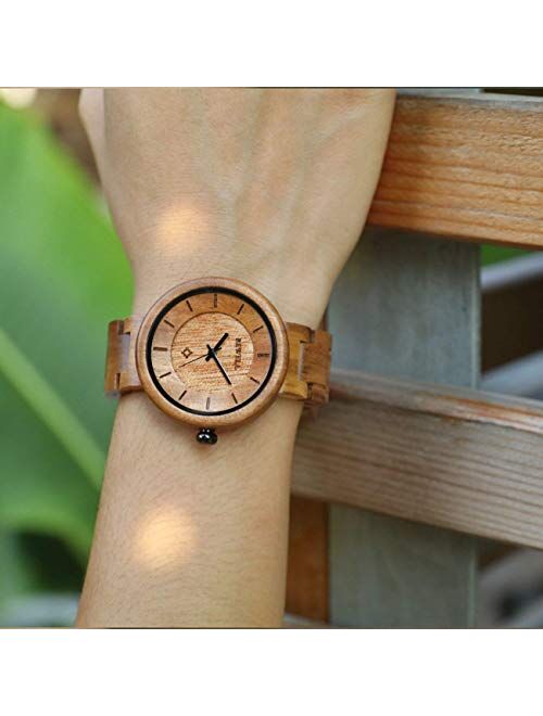 Wood Watches for Women, BEWELL Wooden Handmade Watch with Lightweight Adjustable Wood Band, Natural Casual Fashion Quartz Wristwatch