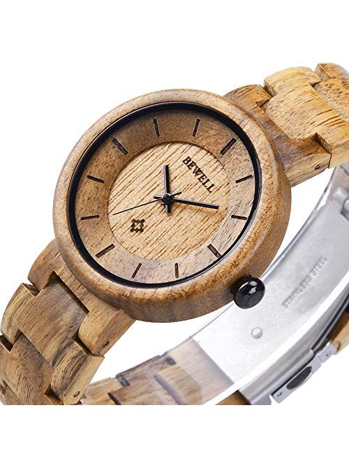 Wood Watches for Women, BEWELL Wooden Handmade Watch with Lightweight Adjustable Wood Band, Natural Casual Fashion Quartz Wristwatch