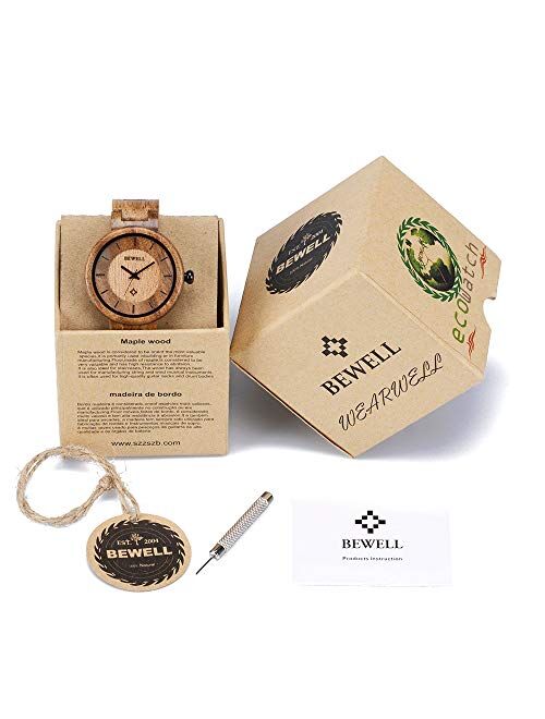 Wood Watches for Women, BEWELL Wooden Handmade Watch with Lightweight Adjustable Wood Band, Natural Casual Fashion Quartz Wristwatch