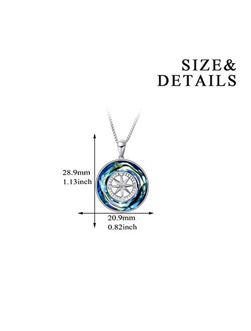 AOBOCO Compass Necklace Sterling Silver Circle Pendant Necklace with Color-changed Crystal, Birthday Graduation Jewelry Gift for Women Men Girls