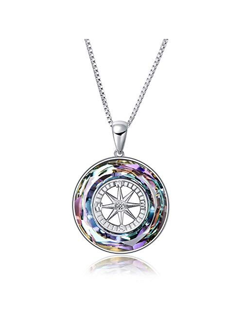 AOBOCO Compass Necklace Sterling Silver Circle Pendant Necklace with Color-changed Crystal, Birthday Graduation Jewelry Gift for Women Men Girls