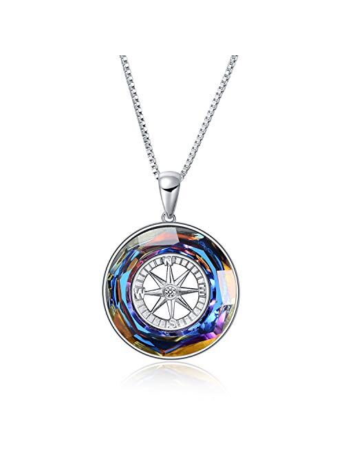 AOBOCO Compass Necklace Sterling Silver Circle Pendant Necklace with Color-changed Crystal, Birthday Graduation Jewelry Gift for Women Men Girls