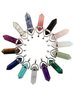 Mutilcolor 14pcs Bullet Shape Healing Pointed Chakra Pendants Quartz Crystal Stone Charm Randow Color for Necklace Making