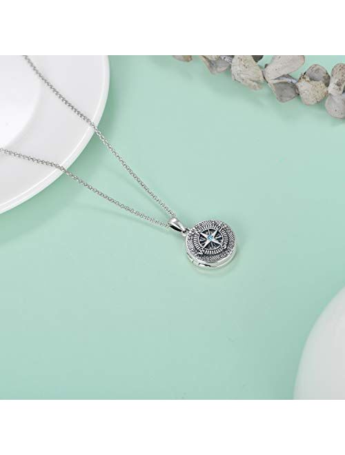 AOBOCO Graduation Gifts for Her, 925 Sterling Silver Compass Locket Necklace That Holds Pictures, Engraved with 'Enjoy the Journey', Oxidized Lockets Necklace for Women, 