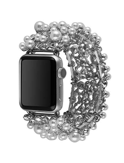 Vikoros Bracelet Compatible with Apple Watch Band 38mm 40mm 42mm 44mm Iwatch Series 5 4 3 2 1 for Women Girls, Bling Dressy Elastic Stretch Pearl Bangle Jewelry Rhineston