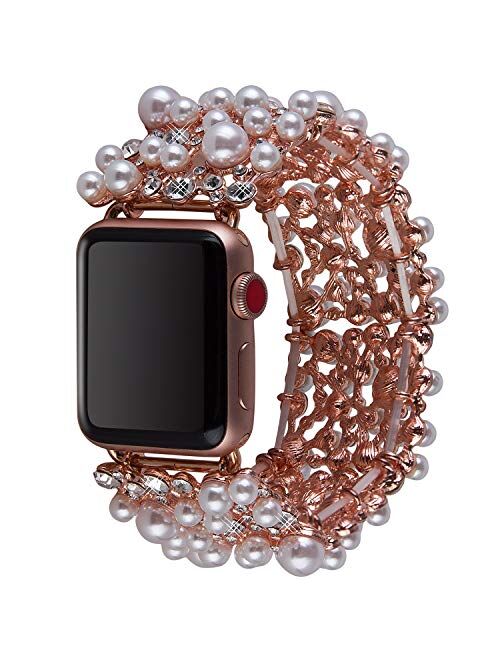 Vikoros Bracelet Compatible with Apple Watch Band 38mm 40mm 42mm 44mm Iwatch Series 5 4 3 2 1 for Women Girls, Bling Dressy Elastic Stretch Pearl Bangle Jewelry Rhineston