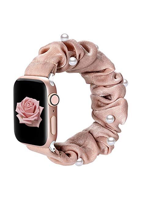 BMBMPT Scrunchie Elastic Watch Band Compatible with Apple Watch Band 38mm 40mm 42mm 44mm Cloth Soft Pattern Printed Fabric Wristband for iWatch Series 5,4,3,2,1 (A-Leopar