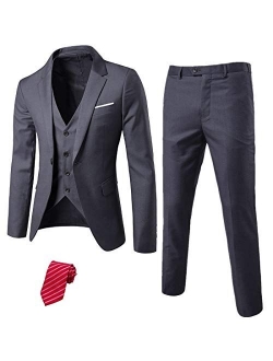 MrSure Men’s 3 Piece Suit Blazer, Slim Fit Tux with One Button, Jacket Vest Pants & Tie Set for Party, Wedding and Business