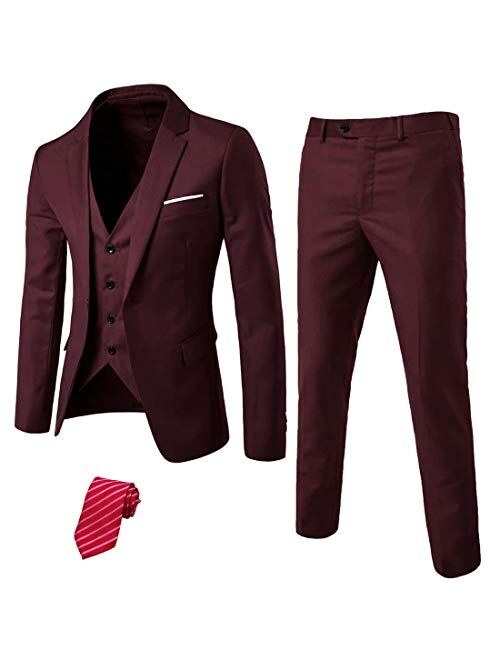 MrSure Men’s 3 Piece Suit Blazer, Slim Fit Tux with One Button, Jacket Vest Pants & Tie Set for Party, Wedding and Business