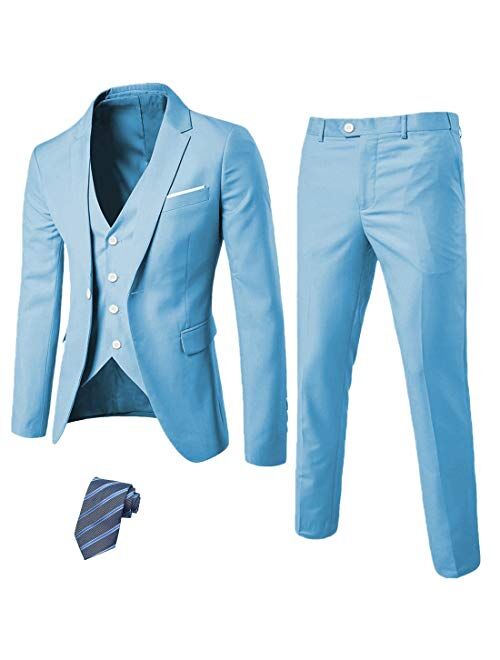 MrSure Men’s 3 Piece Suit Blazer, Slim Fit Tux with One Button, Jacket Vest Pants & Tie Set for Party, Wedding and Business