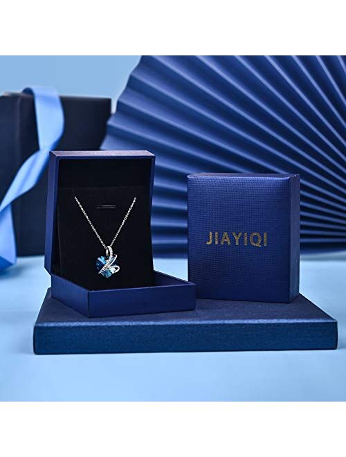 JIAYIQI Love Heart Women Necklace 925 Sterling Silver Blue Crystal Birthstone Pendant Necklaces for Women Birthday Mother's Day Birthday Jewelry Gifts