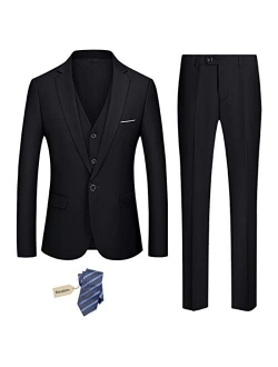 YND Men's Slim Fit 3 Piece Suit Set, One Button Solid Blazer Vest Pants with Tie