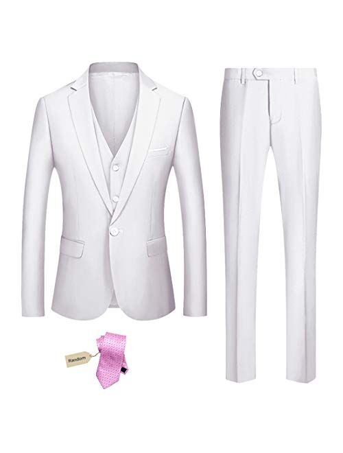 YND Men's Slim Fit 3 Piece Suit Set, One Button Solid Blazer Vest Pants with Tie