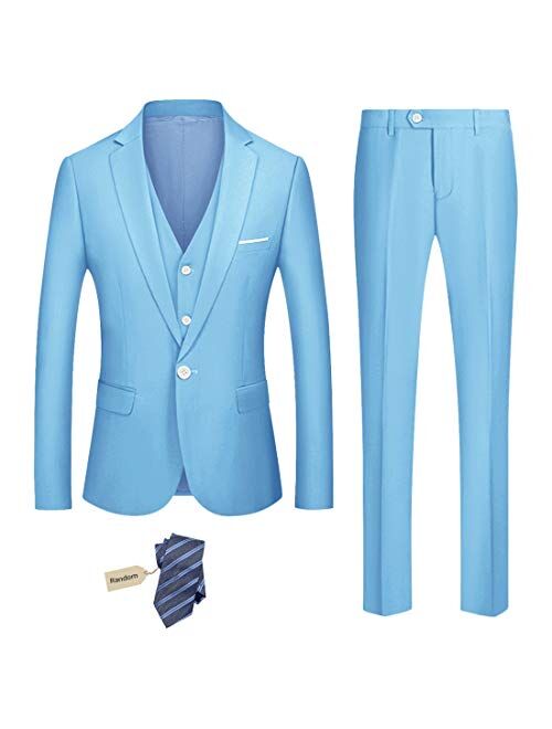 YND Men's Slim Fit 3 Piece Suit Set, One Button Solid Blazer Vest Pants with Tie
