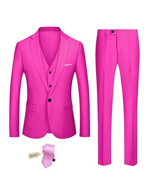 YND Men's Slim Fit 3 Piece Suit Set, One Button Solid Blazer Vest Pants with Tie