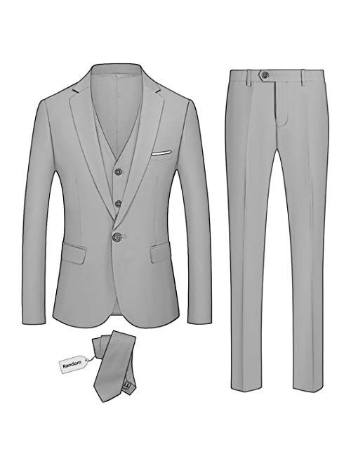 YND Men's Slim Fit 3 Piece Suit Set, One Button Solid Blazer Vest Pants with Tie