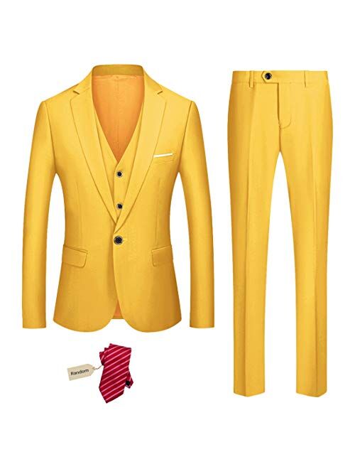 YND Men's Slim Fit 3 Piece Suit Set, One Button Solid Blazer Vest Pants with Tie