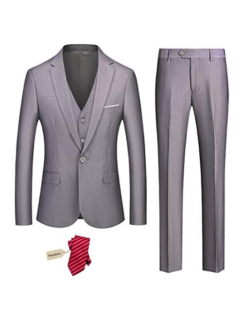 YND Men's Slim Fit 3 Piece Suit Set, One Button Solid Blazer Vest Pants with Tie