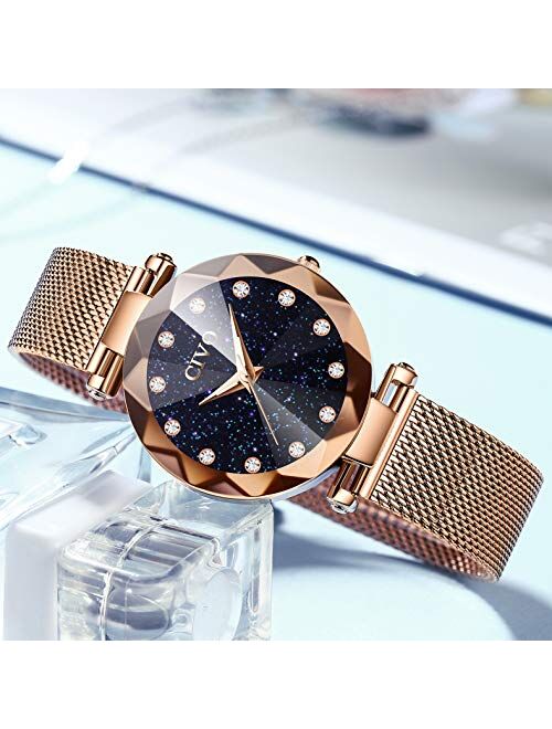 CIVO Women's Watches Rose Gold Ladies Waterproof Watch Stainless Steel Mesh Analog Quartz Wrist Wacthes for Woman Fashion Simple Minimalist Design Blue