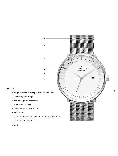 Nordgreen Philosopher Scandinavian Silver Analog Watch with Leather or Mesh Interchangeable Straps