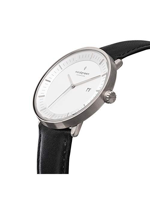 Nordgreen Philosopher Scandinavian Silver Analog Watch with Leather or Mesh Interchangeable Straps