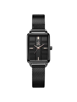 SK SHENGKE Female Mesh Watches Simple Face Stainless Steel Back Case Fashion Ladies Wristwatch