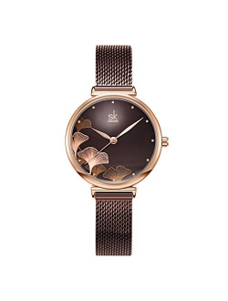 SK SHENGKE Female Mesh Watches Simple Face Stainless Steel Back Case Fashion Ladies Wristwatch