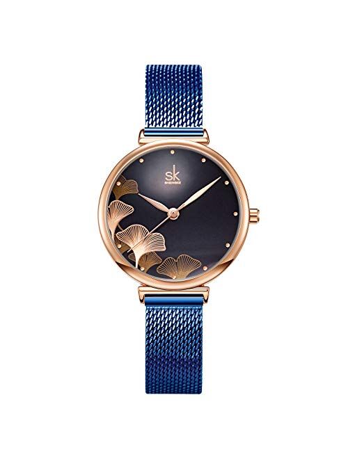 SK SHENGKE Female Mesh Watches Simple Face Stainless Steel Back Case Fashion Ladies Wristwatch