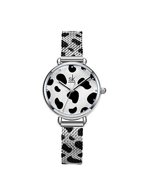 SK SHENGKE Female Mesh Watches Simple Face Stainless Steel Back Case Fashion Ladies Wristwatch