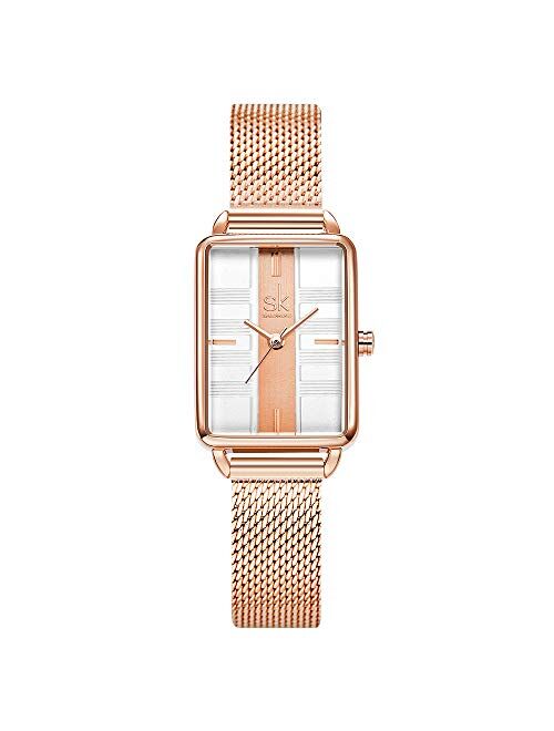 SK SHENGKE Female Mesh Watches Simple Face Stainless Steel Back Case Fashion Ladies Wristwatch