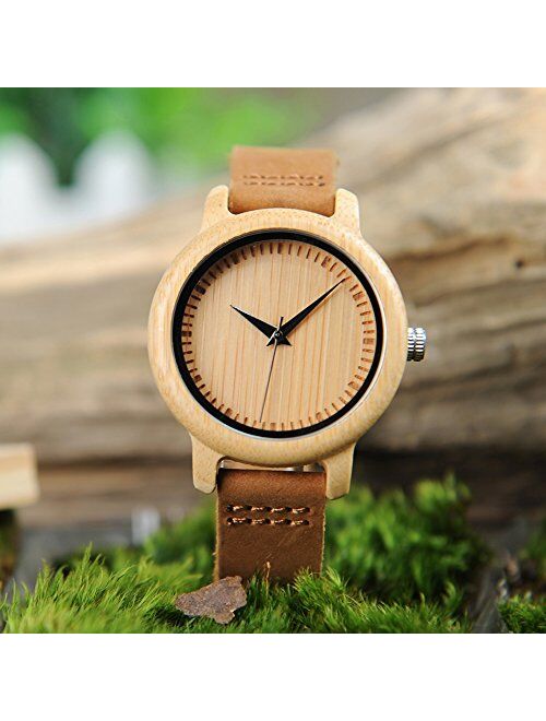 BOBO BIRD Women's Bamboo Wooden Watch with Brown Cowhide Leather Strap Analog Quartz Casual Watches