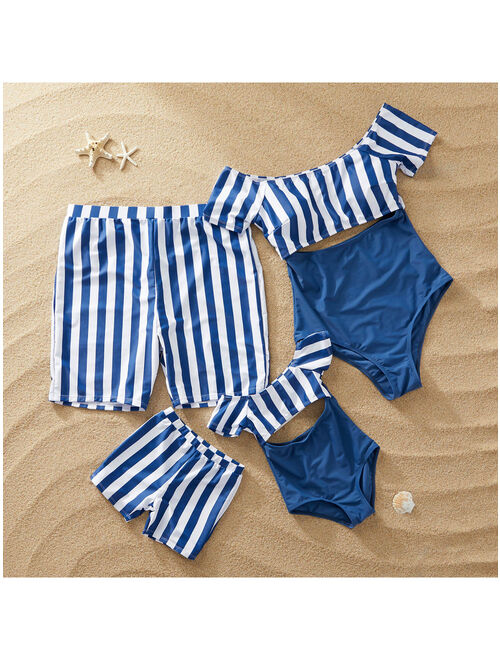 PatPat Striped Matching Swimsuit for Family in Navy