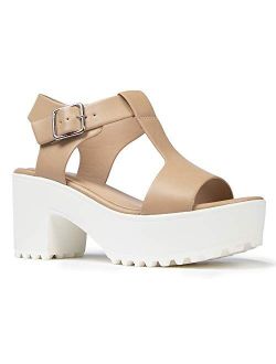 J. Adams Corby Platform Sandals for Women - T-Strap Chunky Mid Heel Sandal