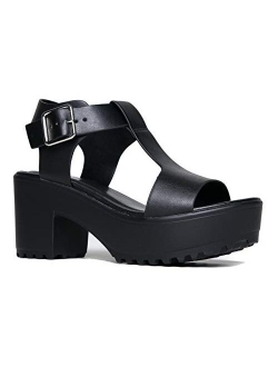 J. Adams Corby Platform Sandals for Women - T-Strap Chunky Mid Heel Sandal