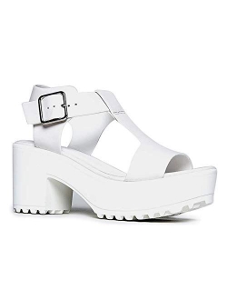 J. Adams Corby Platform Sandals for Women - T-Strap Chunky Mid Heel Sandal