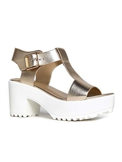 J. Adams Corby Platform Sandals for Women - T-Strap Chunky Mid Heel Sandal