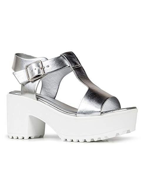 J. Adams Corby Platform Sandals for Women - T-Strap Chunky Mid Heel Sandal