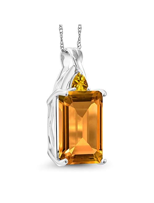 Gem Stone King 10K White Gold Yellow Citrine Pendant Necklace For Women (8.40 Ct Emerald Cut Gemstone Birthstone with 18 Inch Chain)