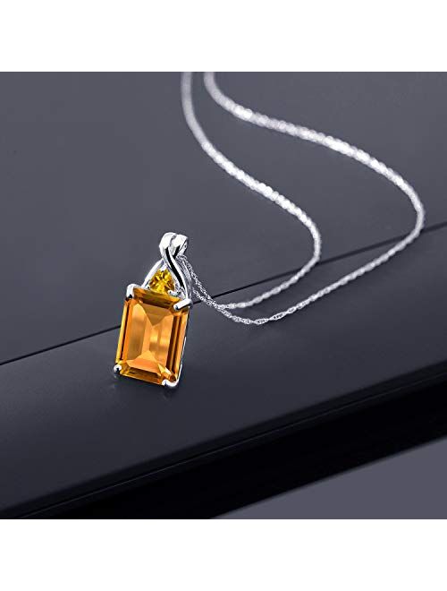 Gem Stone King 10K White Gold Yellow Citrine Pendant Necklace For Women (8.40 Ct Emerald Cut Gemstone Birthstone with 18 Inch Chain)