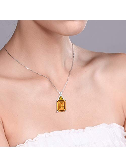 Gem Stone King 10K White Gold Yellow Citrine Pendant Necklace For Women (8.40 Ct Emerald Cut Gemstone Birthstone with 18 Inch Chain)