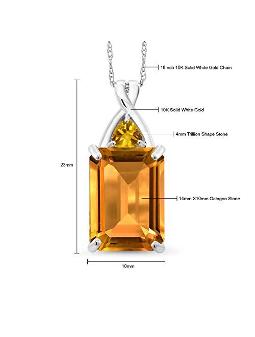 Gem Stone King 10K White Gold Yellow Citrine Pendant Necklace For Women (8.40 Ct Emerald Cut Gemstone Birthstone with 18 Inch Chain)