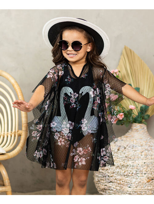 Black & Dusty Pink Sheer Floral Caftan Cover-Up - Toddler & Girls