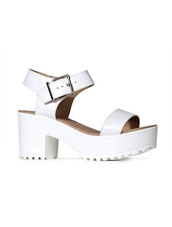 J. Adams Encore Platform Sandals for Women - Ankle Strap Buckle Mid Chunky Heel